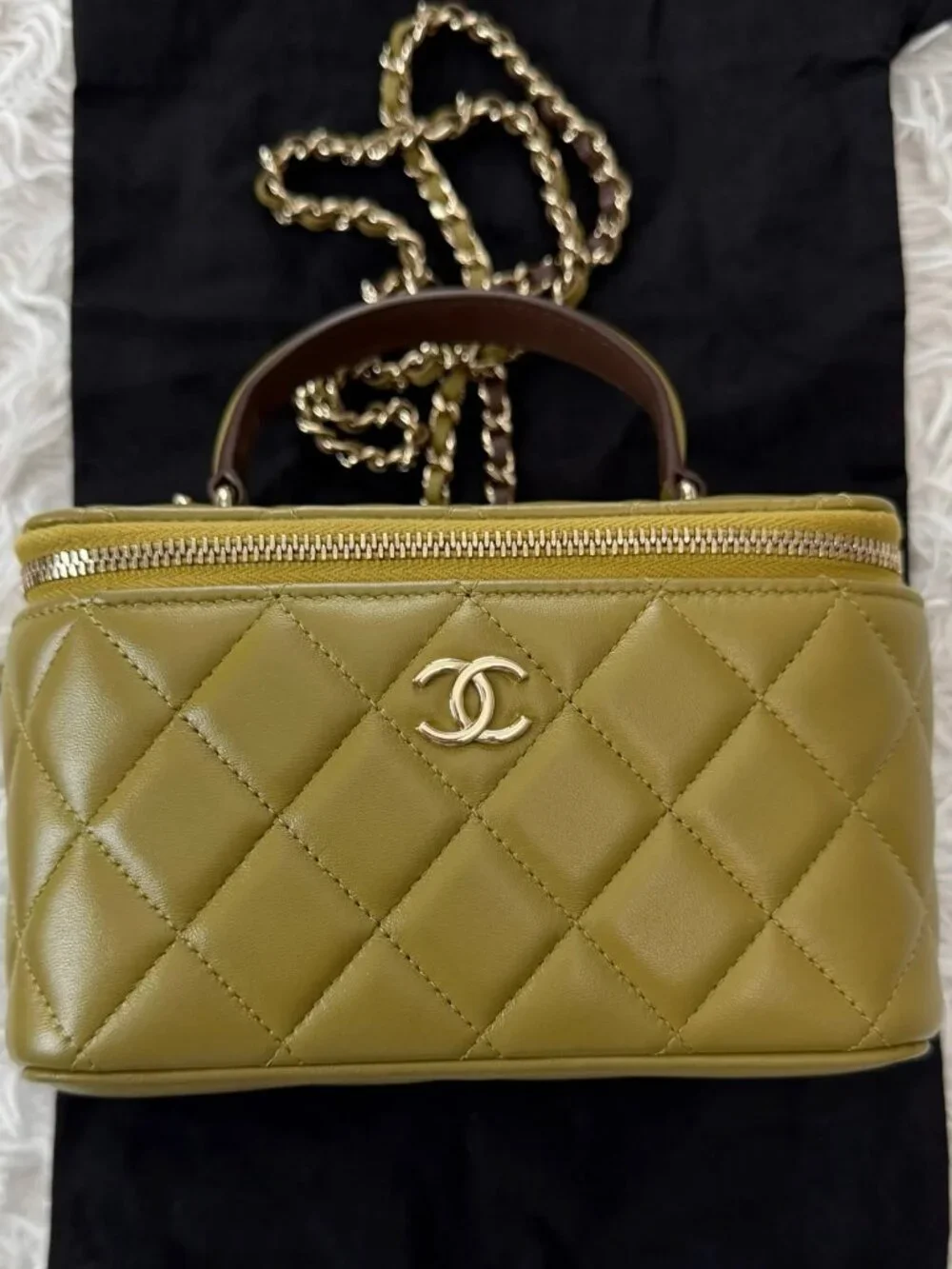 CHANEL Lambskin Quilted Small Top Handle Vanity Case With Chain in Green and Bro